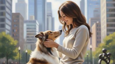 Eine Frau teilt einen vertrauensvollen Moment mit ihrem Langhaarcollie in einem Park, was die tiefe Bindung illustriert, die durch eine auf Verständnis basierende Collie Erziehung entsteht.