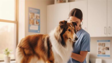 Ein gesunder Langhaarcollie wird von einer Tierärztin untersucht, was die Bedeutung der Collie Gesundheit und Vorsorge unterstreicht.