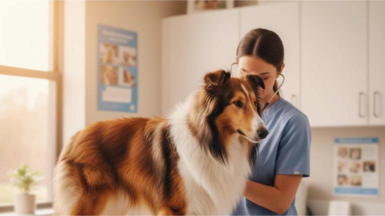 Ein gesunder Langhaarcollie wird von einer Tierärztin untersucht, was die Bedeutung der Collie Gesundheit und Vorsorge unterstreicht.
