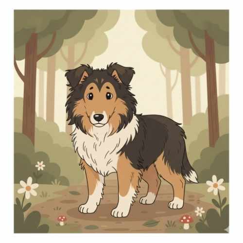 Ein sable-farbener Langhaarcollie in der Pubertät steht unsicher auf einem Waldweg und blickt ängstlich in die Kamera, was die typische Unsicherheit der Flegelphase zeigt.