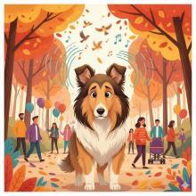 Illustration zur Langhaarcollie Pubertät: Junger, sable Collie wirkt auf Waldweg unsicher und überfordert.