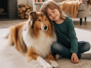 Ein glücklicher Langhaarcollie liegt neben einem lächelnden Kind, das sich liebevoll an den Hund schmiegt. Beide ruhen entspannt auf einem hellen Teppich in einem gemütlichen Wohnzimmer.