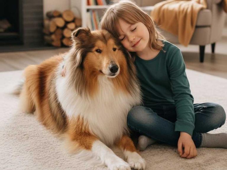 Ein glücklicher Langhaarcollie liegt neben einem lächelnden Kind, das sich liebevoll an den Hund schmiegt. Beide ruhen entspannt auf einem hellen Teppich in einem gemütlichen Wohnzimmer.