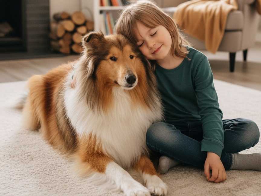 Ein glücklicher Langhaarcollie liegt neben einem lächelnden Kind, das sich liebevoll an den Hund schmiegt. Beide ruhen entspannt auf einem hellen Teppich in einem gemütlichen Wohnzimmer.