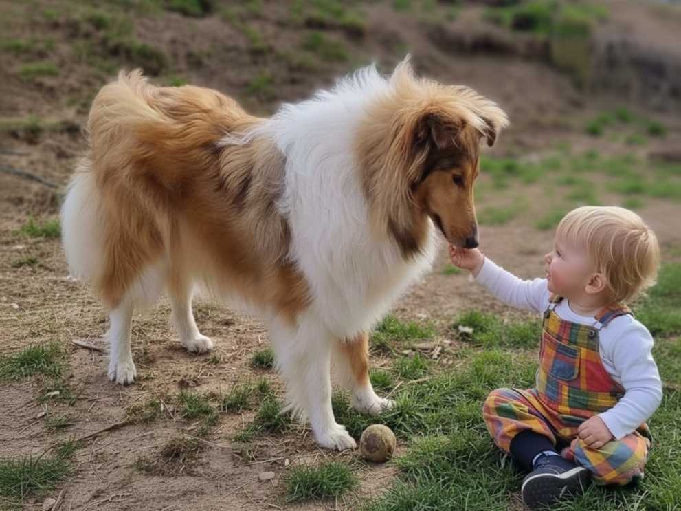 Ein Bild, das die sanfte Beziehung zwischen Langhaarcollie und Kindern zeigt: Ein Kleinkind sitzt im Gras und streichelt behutsam die Nase eines ruhigen, sable-farbenen Langhaarcollies.