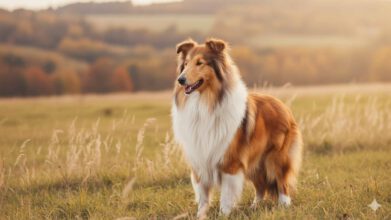 Ein majestätischer Sable Langhaarcollie steht in einem Feld, das vom warmen Licht der goldenen Stunde beleuchtet wird und die ikonische Schönheit der Rasse zeigt.