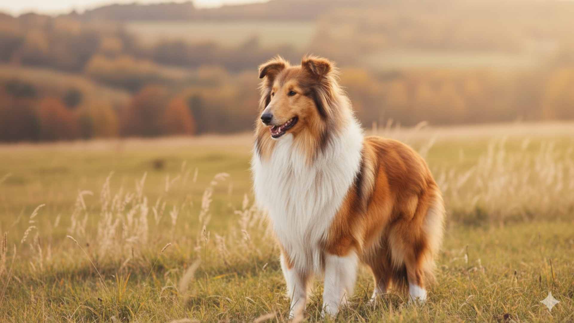 Ein majestätischer Sable Langhaarcollie steht in einem Feld, das vom warmen Licht der goldenen Stunde beleuchtet wird und die ikonische Schönheit der Rasse zeigt.