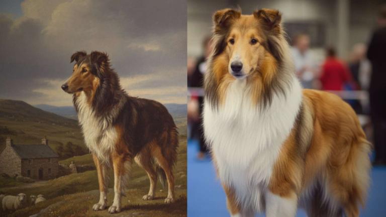 Gegenüberstellung der Evolution des Langhaarcollies: Links ein historischer, schwarz-weißer Arbeitscollie mit breiterem Kopf und weniger Fell, rechts ein moderner, eleganter Zobel-Showcollie mit langem Fang und üppigem Haarkleid.